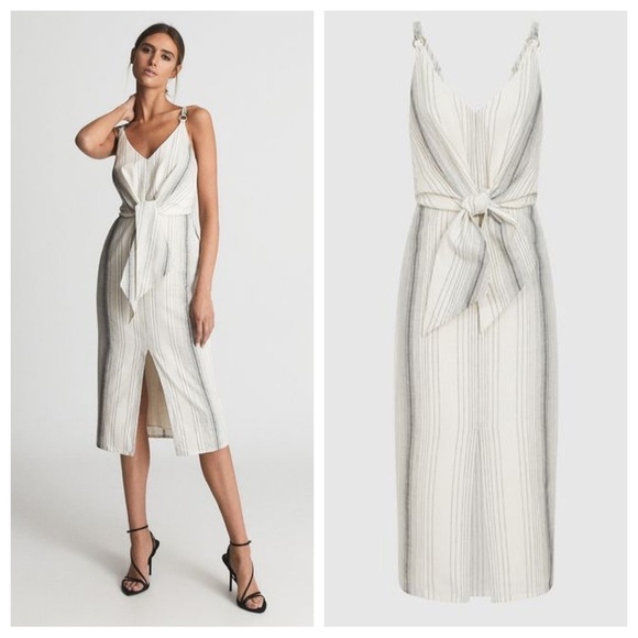 New! Reiss Kay Stripe Tie Front midi Dress NWOT 18407 - Picture 1 of 15